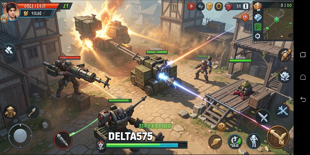 Screenshot gameplay DELTA575 menunjukkan pertempuran strategi yang intens.